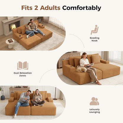 80'' Double Chaise Lounge Chair Indoor, Non-Assembly Deep Seat Sofa with Cup Holders Boneless Bed with 4pcs Pillows for Living Room Bedroom, Camel-Corduroy