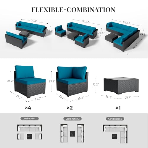 WWR Patio Furniture Set 7 Piece - All-Weather - Wicker Rattan Patio Outdoor Conversation Set, Modular Sectional Sofa for Backyard, Garden, Poolside, Balcony, Porch, Patio, Black/Peacock Blue