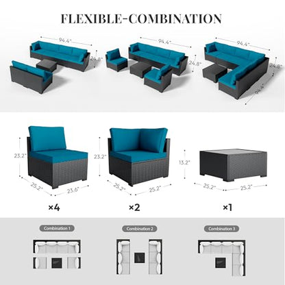 WWR Patio Furniture Set 7 Piece - All-Weather - Wicker Rattan Patio Outdoor Conversation Set, Modular Sectional Sofa for Backyard, Garden, Poolside, Balcony, Porch, Patio, Black/Peacock Blue
