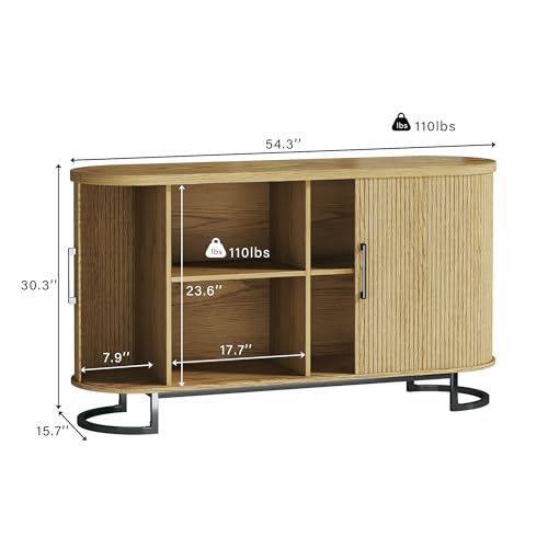54.3" Buffet Cabinet with Storage, Fluted Sideboard with Tambour Doors, Modern Kitchen Storage Cabinet with Adjustable Shelves for Living Room, Entryway, Oak