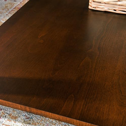 Solid Wood Coffee Table with Storage Shelf, Mid-Century Living Room Table with Wood Carved Tabletop and Leg, 43.3” Splicing Cocktail Center Table,Easy Assembly, Cherry Brown KFZ-DR200