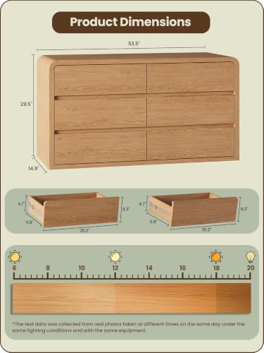 Modern 54" Wide 6 Drawers Dresser with Curved Profile Design,Oak, view 3