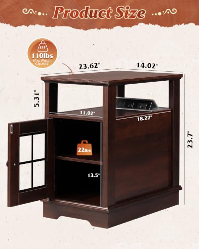 Farmhouse End Table with Charging Station, Narrow Side Table with Storage, Small Nightstand with USB Ports and Outlets ，Bedside Cabine for Bedroom, Living Room,Espresso