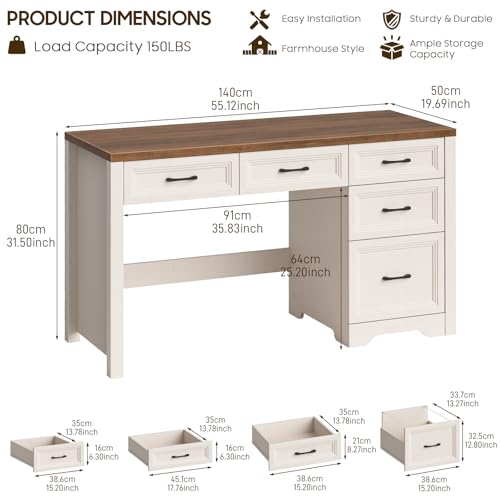 55 Inch Farmhouse Desk with 5 Drawers, Large Home Office Computer Desk with Adjustable File Drawer, Executive Workstation with Storage for Study Writing Work, White