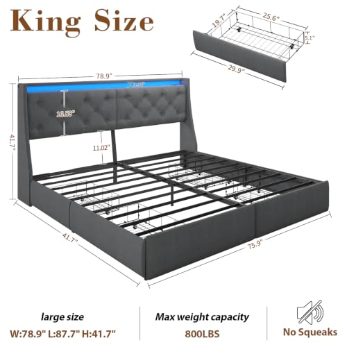 Upholstered King Size Bed Frame with 4 Storage Drawers and LED Lights, view 3