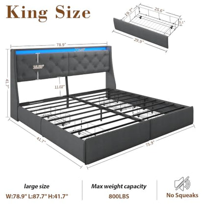 Upholstered King Size Bed Frame with 4 Storage Drawers and LED Lights, view 3