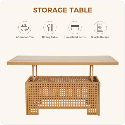8-Piece Wicker Patio Furniture Set with Lift Top Coffee Storage Table, Outdoor Conversation Set Sectional Sofa with Water Resistant Thick Cushions, Cream