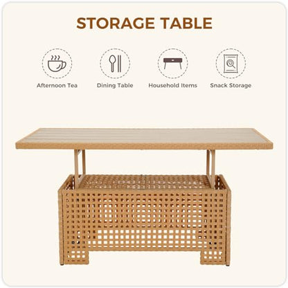 8-Piece Wicker Patio Furniture Set with Lift Top Coffee Storage Table, Outdoor Conversation Set Sectional Sofa with Water Resistant Thick Cushions, Cream