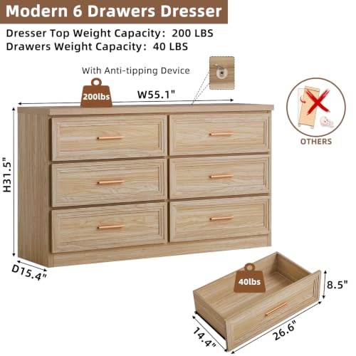 55.1" Wide Farmhouse 6 Drawers Dresser for Bedroom,Natural, view 3