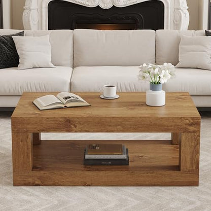 39.37" Coffee Table with Storage, 2-Tier Mid Century Rectangular Accent Table with Thick Tabletop, Rustic Style Cocktail, Center Table for Living Room, Office, Apartment (Natural Wood)