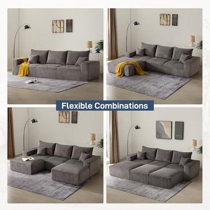 Sectional Cloud Boneless Sofa Couches for Living Room-113'' Gray 3 Seater L-Shaped Modern Lounge Couch-No Assembly Modular Corduroy Convertible Sponge Sleeper Sofas with Chaise for Home House