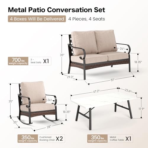 4 Piece Metal Outdoor Patio Furniture Sets, Patio Conversation Sets 1 Loveseat, 2 Rocking Sofa with 5.75" Extra Thick Cushion and Coffee Table, Balck Frame Backyard Furniture, Beige