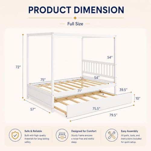Full Size Canopy Bed with Trundle, Solid Wood Daybed Frame for Kids and Teens, view 3