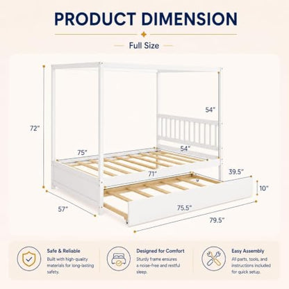 Full Size Canopy Bed with Trundle, Solid Wood Daybed Frame for Kids and Teens, view 3