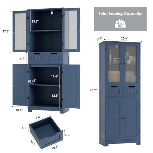 67" Tall Bathroom Storage Cabinet, Freestanding Storage Cabinet with Glass Door and Shelves, Kitchen Pantry with 2 Drawers for Bathroom, Living Room, Dining Room, Blue