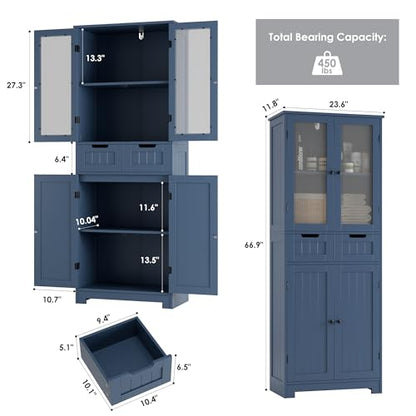 67" Tall Bathroom Storage Cabinet, Freestanding Storage Cabinet with Glass Door and Shelves, Kitchen Pantry with 2 Drawers for Bathroom, Living Room, Dining Room, Blue