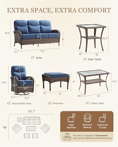 Upgraded 6“ Cushion Luxury Patio Furniture Set - 7 Piece Wicker Furniture Set, Comfort Outdoor Couch and High Back Swivel Rocker Patio Chairs, Conversation Set for Deck Porch - Brown/Blue