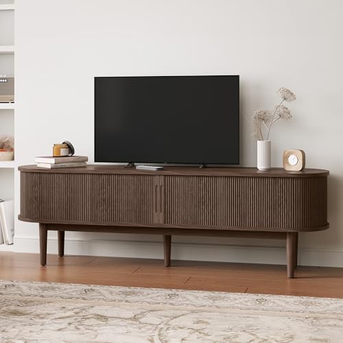 70" Fluted TV Stand for TVs up to 80 Inch, Mid Century Modern Entertainment Center with Storage Cabinet and Sliding Doors, Farmhouse Wood Media TV Console for Living Room, Bedroom, Walnut