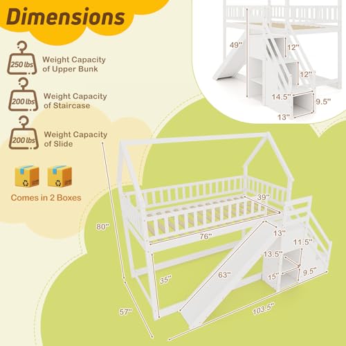 House Bunk Bed Twin Over Twin with Slide & Stairs, Wood Bunk Bed with Storage Shelves, No Box Spring Needed, Twin Floor Bed for Kids Teens Boys Girls (White)
