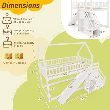 House Bunk Bed Twin Over Twin with Slide & Stairs, Wood Bunk Bed with Storage Shelves, No Box Spring Needed, Twin Floor Bed for Kids Teens Boys Girls (White)
