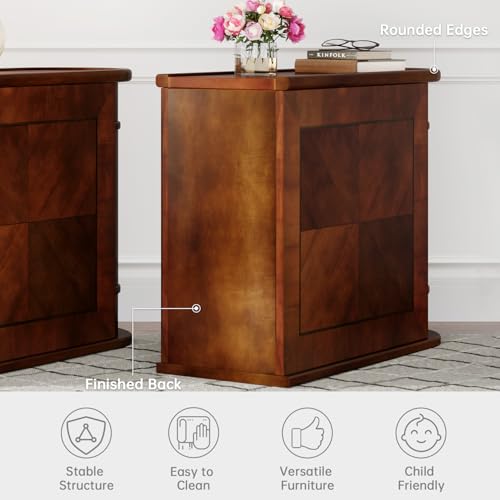 Wood End Table with 2 Drawers, No Assembly Required Narrow Sofa Side Table for Living Room, Vintage Slim Nightstand Bedside Table for Bedroom (2 Drawers, Brown, 2 Pcs)