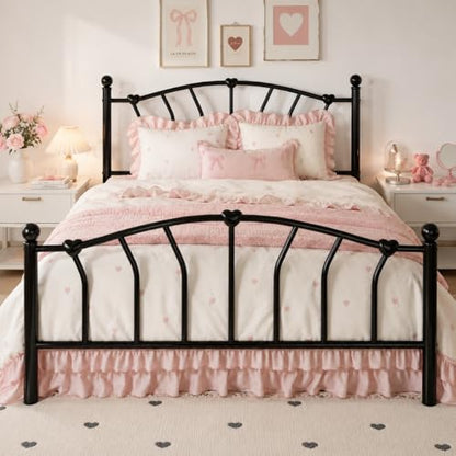 Full Size Metal Bed Frame, Heart-Shaped Design, Black, view 2