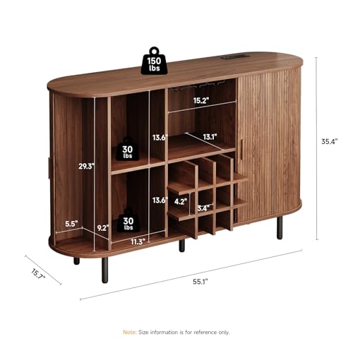55" Wine Bar Cabinet with LED Light, Modern Fluted Liquor Whiskey Home Bar with Wine Rack and Glass Holder, Farmhouse Buffet Sideboard with Storage for Living Room, Kitchen, Entryway (Walnut)
