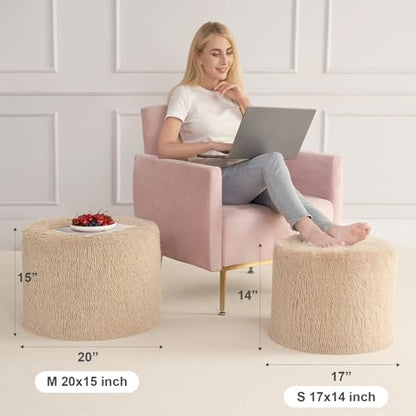 Round Pouf Ottoman Foot Rest, Footstool, Brown | High-Density One-Piece Foam, 17 x 14 Inch, Firm & Stable, for Couch, Bedroom, Living Room, Machine Washable Cover