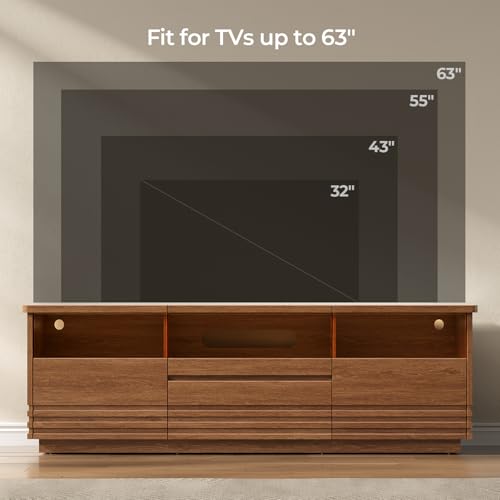 Fluted TV Stand with LED, Mid-Century Modern TV Cabinet, Brown, view 4
