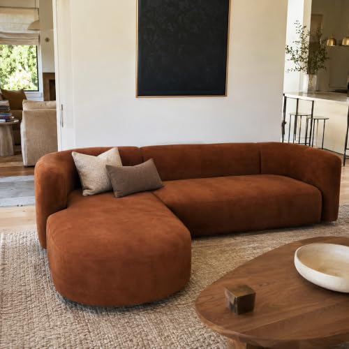 Mellow Modern Tight Curved Back Velvet Sofa, Left Chaise, Tangerine