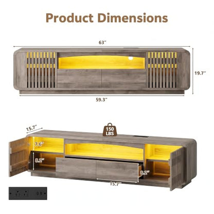 63" TV Stand with LED Lights, TV Console for 55-70" TVs, Grey, view 3