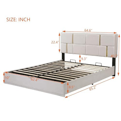 Queen Size Upholstered Bed Frame with Storage Ottoman, Hydraulic Storage Bed Frame with Headbaord and Storage Bench, 2-Piece Bedroom Furniture Set - Beige