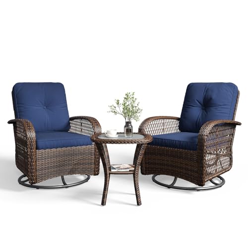 3 Pieces Patio Furniture Set, Patio Swivel Rocker Chairs Set of 2, Wicker Outdoor Bistro Set with Rocking Chair, Thickened Cushions and Table for Porch (Blue)