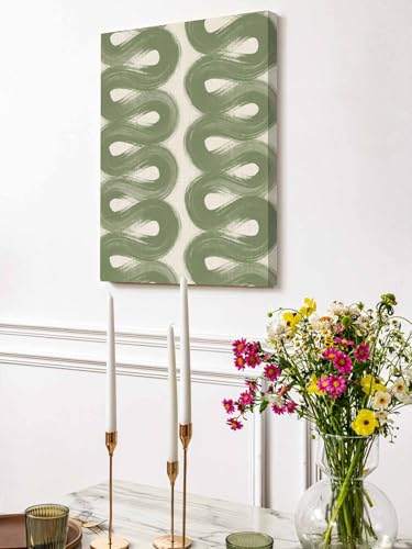 NuYeBiofx Sage Green Stripes Ribbon on Linen Canvas Wall Art Prints,48"x32" Framed Picture Artwork Abstract Waves Line Printed Canvas Oil Painting for Living Room Bedroom Office,Ready to Hang