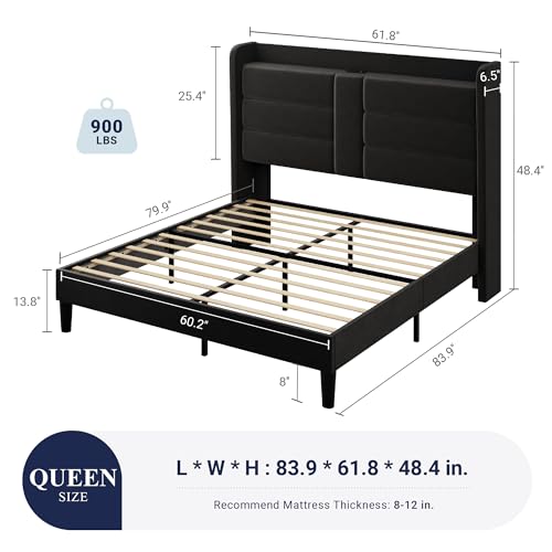 Queen Size Platform Bed Frame with Charging Station & Storage Headboard, view 3