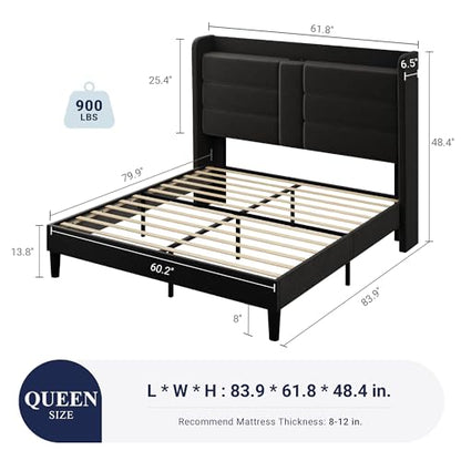 Queen Size Platform Bed Frame with Charging Station & Storage Headboard, view 3