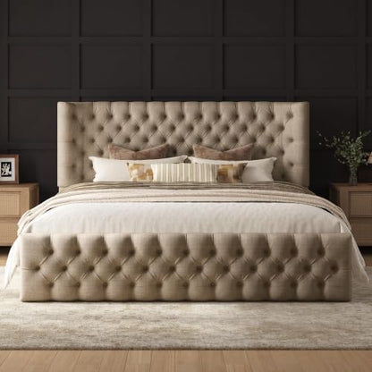 Upholstered Bed Frame Wingback Headboard, Queen Size, Khaki, view 2