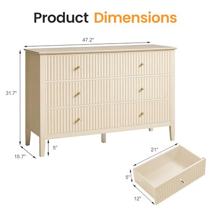 Beige 6 Drawer Dresser, Fluted Modern Wood Chest of Drawers, view 3