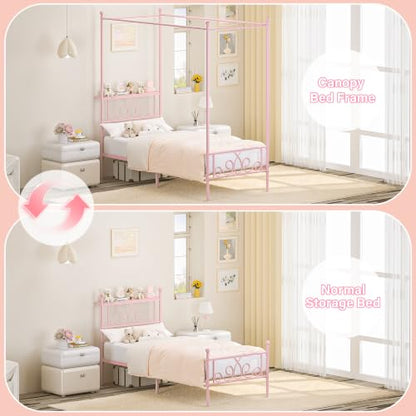 Twin Metal Canopy Bed Frame with Storage Headboard, 4 Poster Bed, Pink, view 8