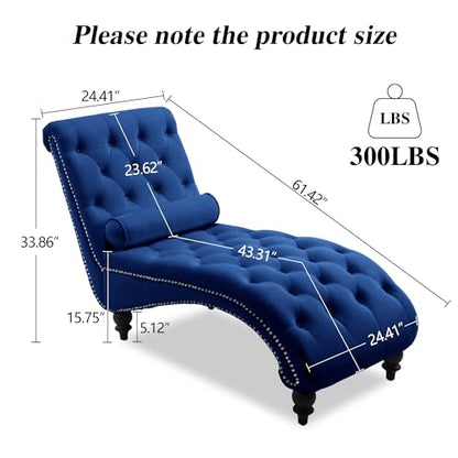 61" Velvet Tufted Chaise Lounge, Upholstered Sofa Chair with Wood Legs Blue, view 3