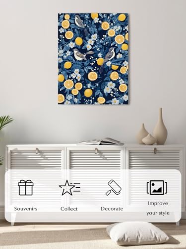 NuYeBiofx Summer Fruit Lemons Birds Canvas Wall Art Prints,40"x28" Framed Picture Artwork White Flowers Blue Leaves Printed Canvas Oil Painting for Living Room Bedroom Office,Ready to Hang