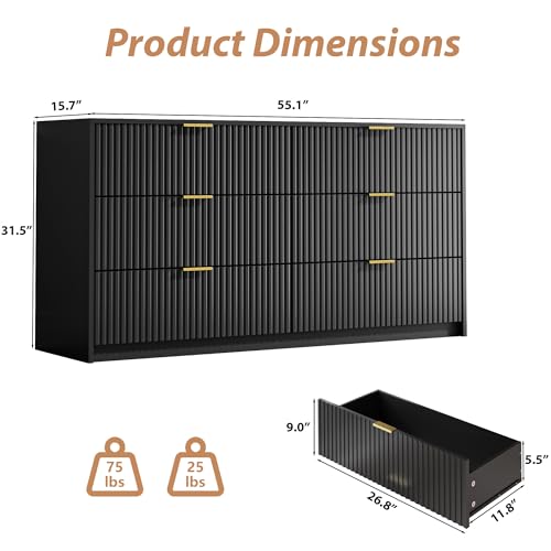 Black 6 Drawer Dresser for Bedroom, view 3