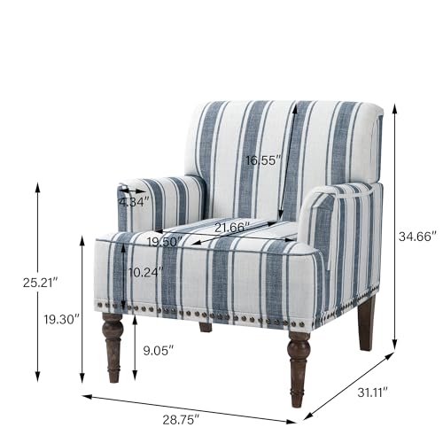 Stripe Accent Chairs Set of 2, Living Room Arm Chair Modern Nailhead Trim Club Armchair, Comfy Upholstered Sofa Lounge Seat Reading Seat Bedroom Side Seating for Home Office, Dark Blue