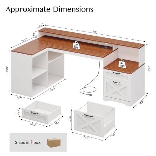 59" Farmhouse L Shaped Desk with Drawers and Printer Stand, view 3