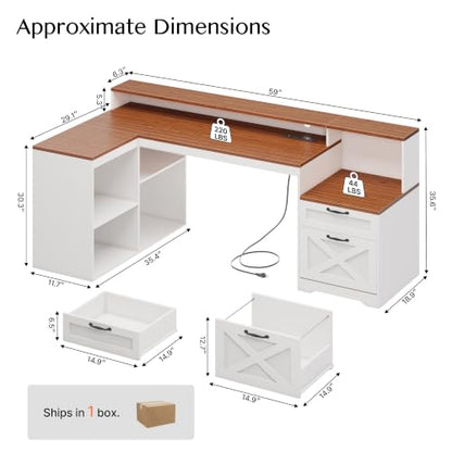 59" Farmhouse L Shaped Desk with Drawers and Printer Stand, view 3