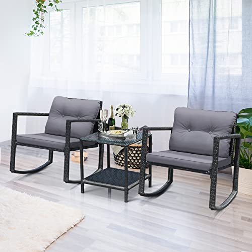 3 Pieces Patio Wicker Rocking Bistro Set, Outdoor Rocking Chair Furniture Set w/Cushioned Seat, Conversation Set w/Glass Coffee Table and Storage Shelf (Gray)