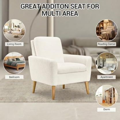 Sherpa Accent Chair, Modern White Teddy Fabric Upholstered Comfortable Armchair, Comfy Reading Leisure Chairs for Bedroom, Living Room, Home Office, Small Sofa Chair with Wood Legs