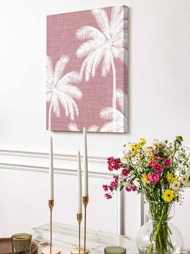 NuYeBiofx Summer Tropical Palm Trees Canvas Wall Art Prints,40"x28" Framed Picture Artwork Pink Retro Linen Background Printed Canvas Oil Painting for Living Room Bedroom Office,Ready to Hang