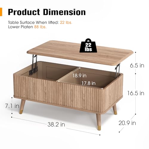 Lift Top Coffee Table with Storage, Mid Century Modern Coffee Table with Solid Wood Legs, 38" Minimalist Fluted Center Table for Living Room, Home Office, Natural Oak