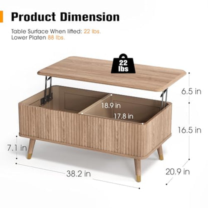 Lift Top Coffee Table with Storage, Mid Century Modern Coffee Table with Solid Wood Legs, 38" Minimalist Fluted Center Table for Living Room, Home Office, Natural Oak